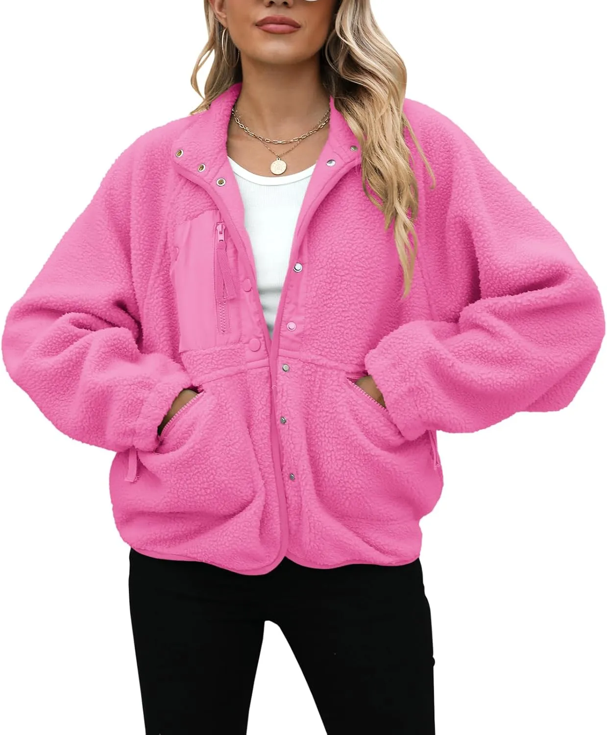 Yanekop Womens Fleece Jacket Fuzzy Long Sleeve Short Coats Button Down Sherpa Outerwear with Pockets