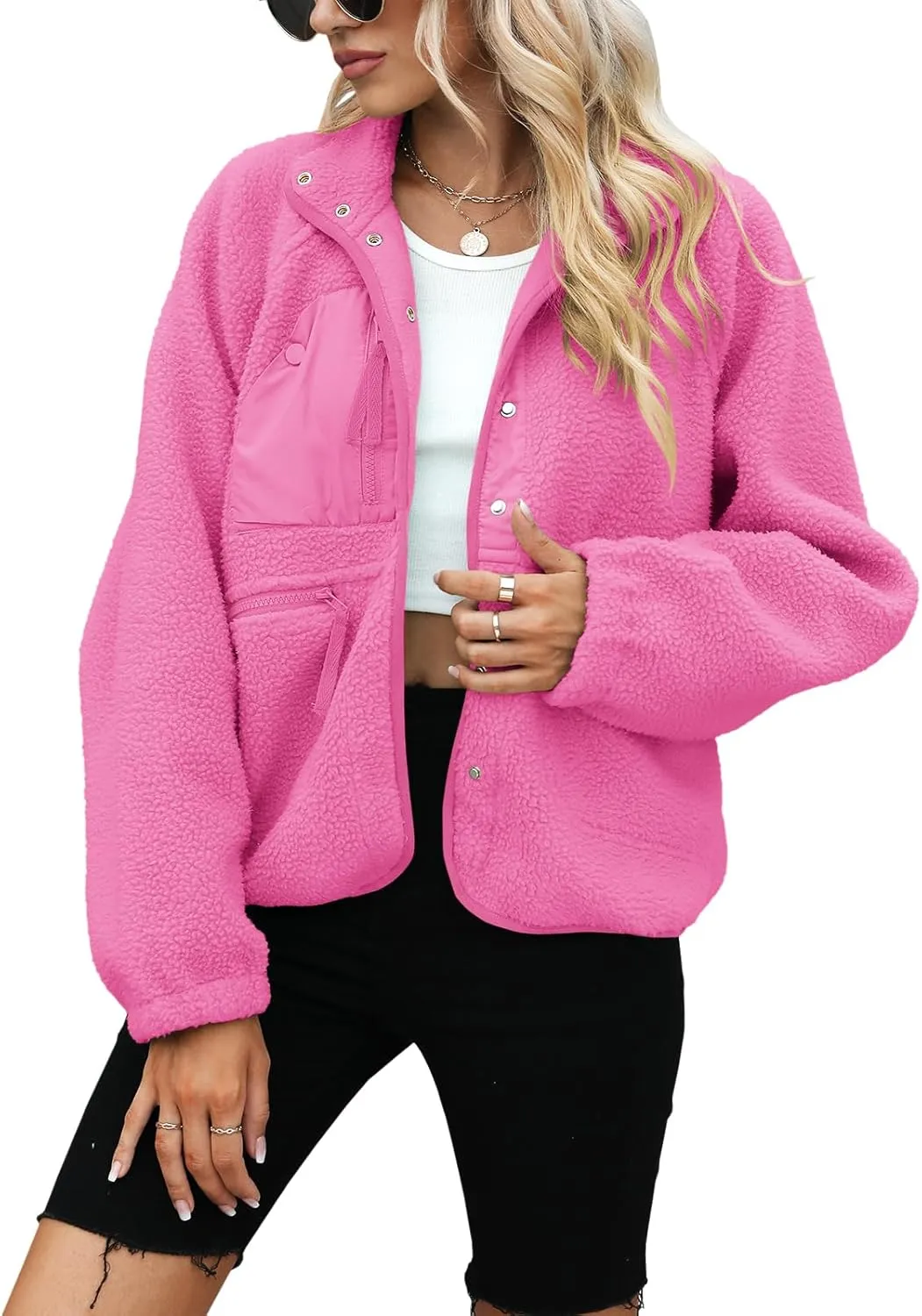Yanekop Womens Fleece Jacket Fuzzy Long Sleeve Short Coats Button Down Sherpa Outerwear with Pockets