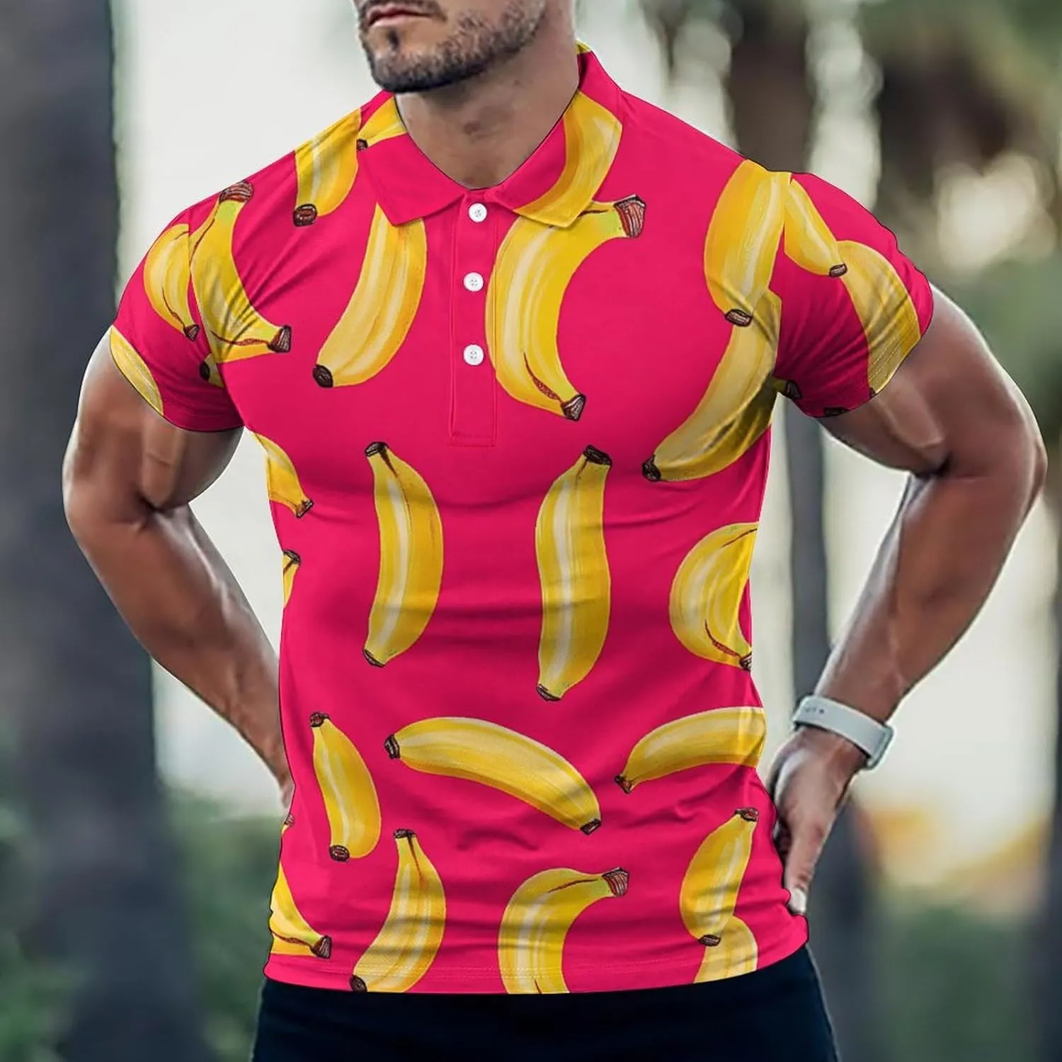 Yellow Bananas Hawaiian Mens Polo Shirts Quick Dry Short Sleeve T-shirts Slim Tennis Collared Tees Tops