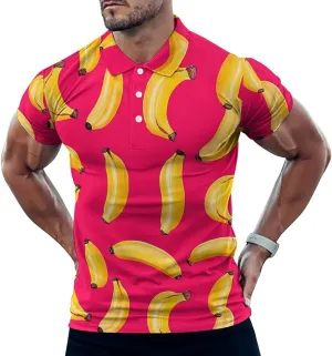 Yellow Bananas Hawaiian Mens Polo Shirts Quick Dry Short Sleeve T-shirts Slim Tennis Collared Tees Tops