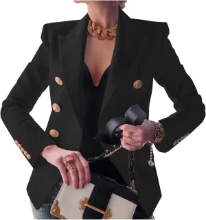 YMING Womens Double Breasted Long Sleeve Blazer Lapel Open Front Jacket Solid Color Work Office Coats with Pockets