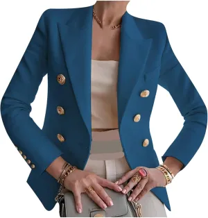 YMING Womens Double Breasted Long Sleeve Blazer Lapel Open Front Jacket Solid Color Work Office Coats with Pockets